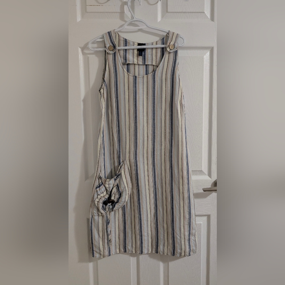 BLU9 Coastal Grandma Striped Linen Blend Midi Shift Dress Lagenlook  - Sz S